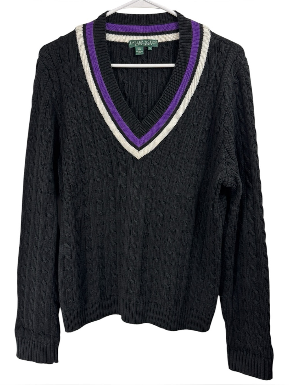 Lauren Ralph Lauren Sweater Size XL Black Purple Preppy Cable Knit V-Neck Cotton